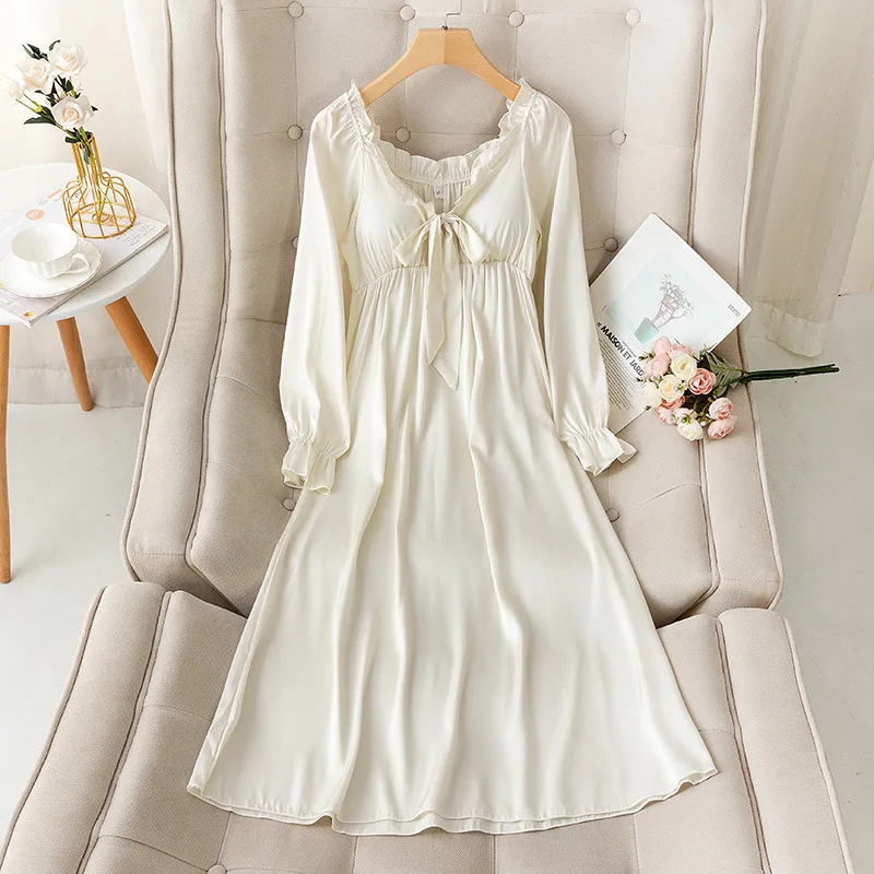 

Sexy V-Neck Long Sleeved Nightgown Spring Sleepwear Women's Ruffled Edge Princess Style Nightdress Intimate Lingerie Nightwear