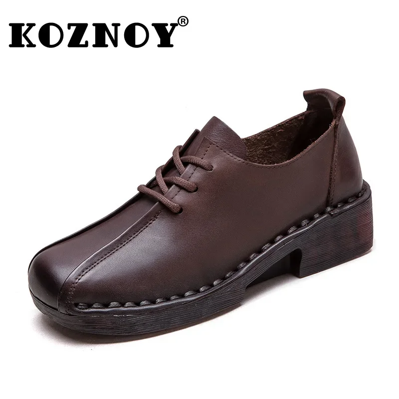 

Koznoy 4CM Cow Natural Genuine Leather Chunky Heels Sandals Lace Up Spring Autumn Square Toe Retro Pumps Women Retro Shoes