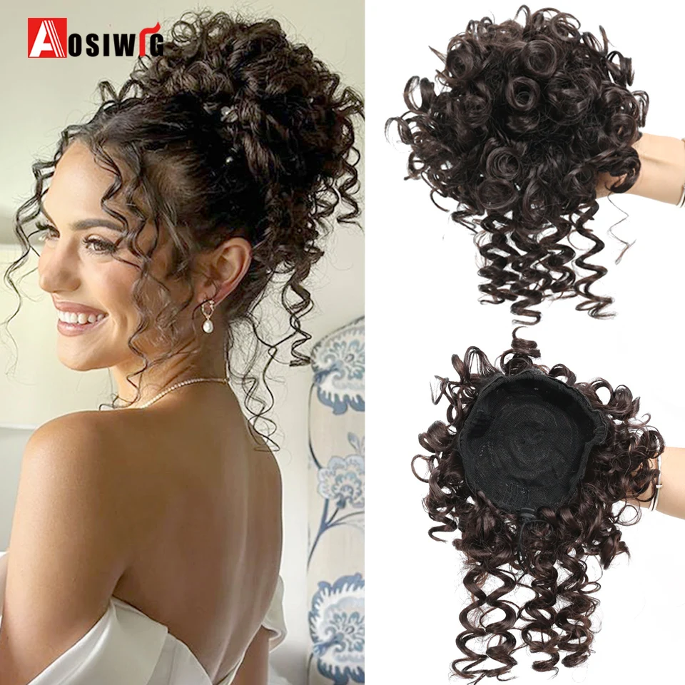 Short Afro Puff Kinky Curly Drawstring Hair Bun Wig Hair Ponytail Clip In Hair Bun Chignon Updo Synthetic HairPiece for Women