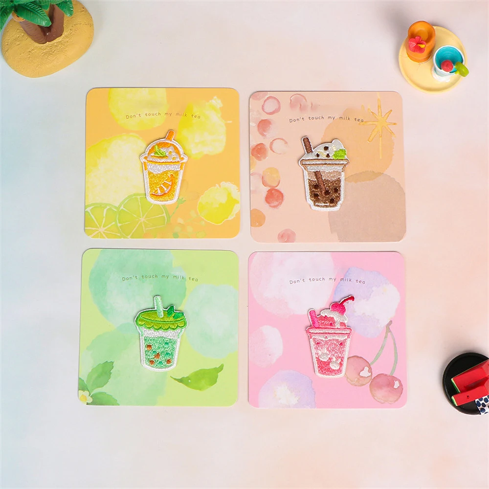1 Piece Stick on Embroidery Patch Cartoon Milk Tea Stickers Clothing DIY Decoration Accessories Yellow Gray Green Pink