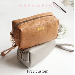 Luxury Genuine Leather Women Makeup Clutch Basg Personalize Letters Large Capacity Female Daily Pouch Bag Portable Zip Wash Bag