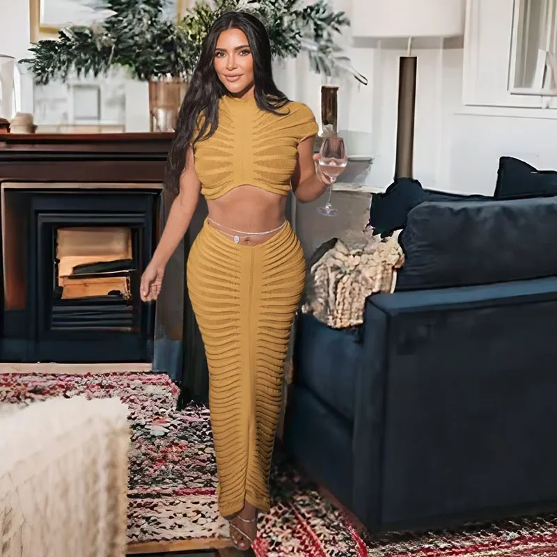 Sexy Knitted Striped 2 Piece Sets Women Outfit Y2K Clothes Birthday Sheer Crop Top and Long Skirt Set Elegant Night Club Outfits