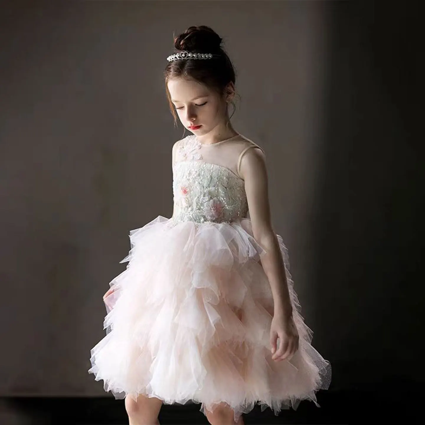 Jill Wish Elegant Pink Beading Puffy Girl Dress Knee Length Arabic Princess Baby Wedding Birthday Party Holiday Ball Gown J182