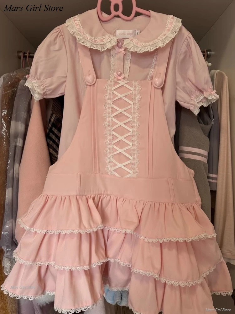 Japanese Lolita Sweet Girls Short-sleeved Tops Women Goth Lace Bow Shirt Single-breasted Blouse Cute Doll Collar Slim Tees New