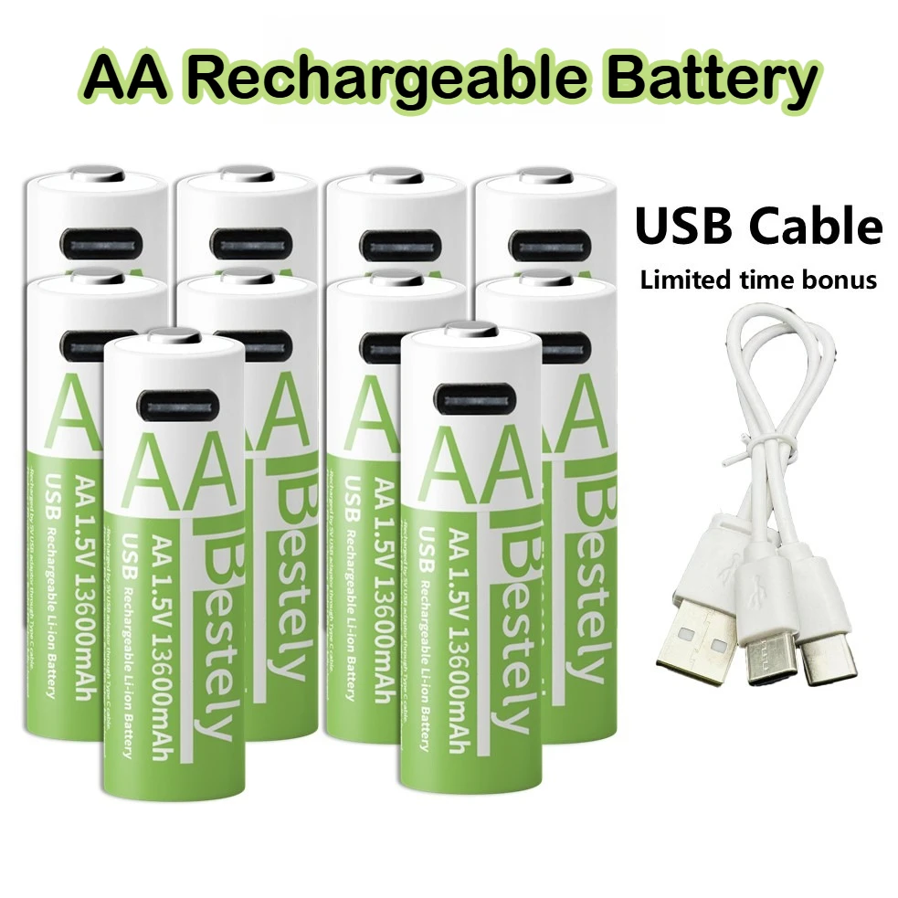 

Stable 1.5V 13600mAh AA Rechargeable Battery, USB-C Rapid Charge Lithium Battery with Free Cable, 2000+ Cycles for Cameras, Toys