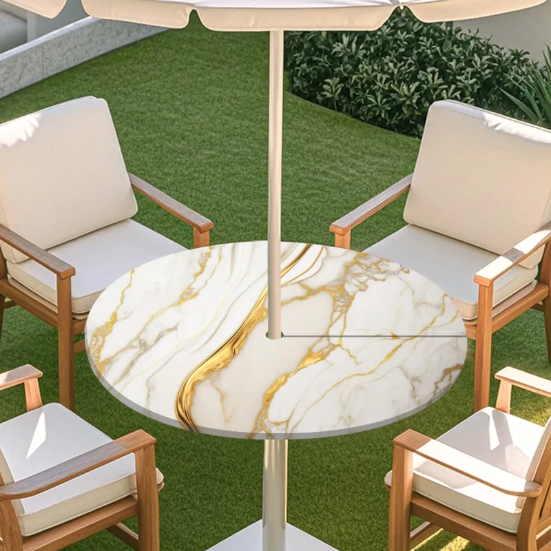 1pcs Outdoor Waterproof Umbrella Hole Round Table Cover Dining Picnic Camping Courtyard Tablecloth Elastic Fitted Table Cloth