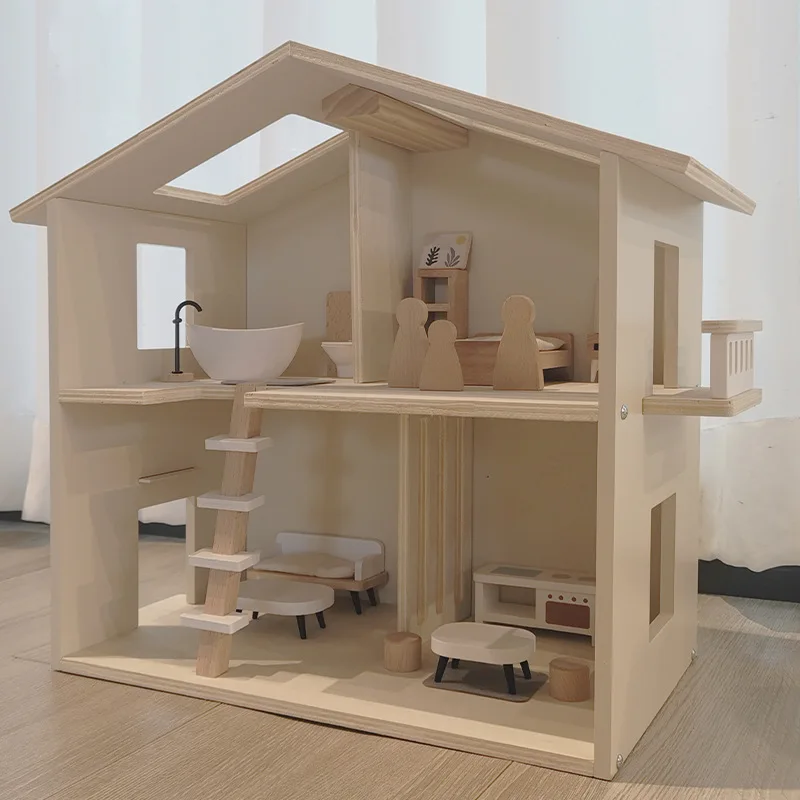 

New Arrival 2 Floors Baby Pretend Role Play Big Wooden Kids Big Size Wood Doll House For Girls Kids Play House Toy Set