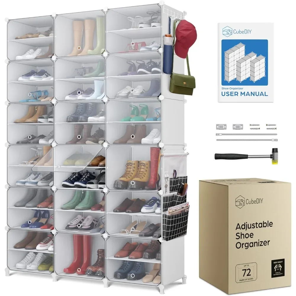 

Shoe Rack Organizer, Portable Closed Shoes Racks with See-Through Door (Plastic, Stackable), with Hooks, Shoes Organizers