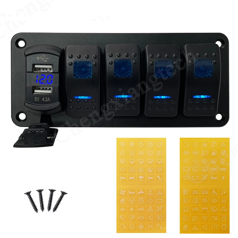 

5 Gang Blue Led Rocker Switch Panel With Dual USB Voltmeter for Cars Trucks Boats RVs Camper Carling ARB Type