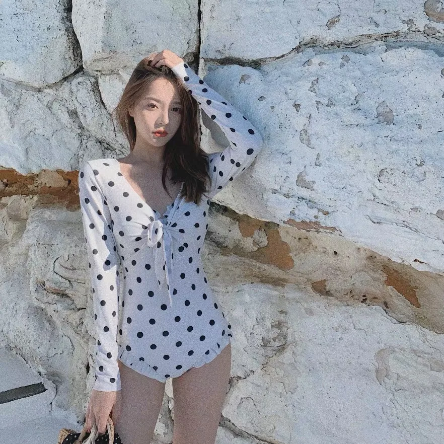 

Женский сексуальный купальник-бикини в горошек из двух частей, утягивающий, для небольшой груди, с эффектом пуш-ап, для горячих источников, с длинными рукавами, повседневный купальный костюм