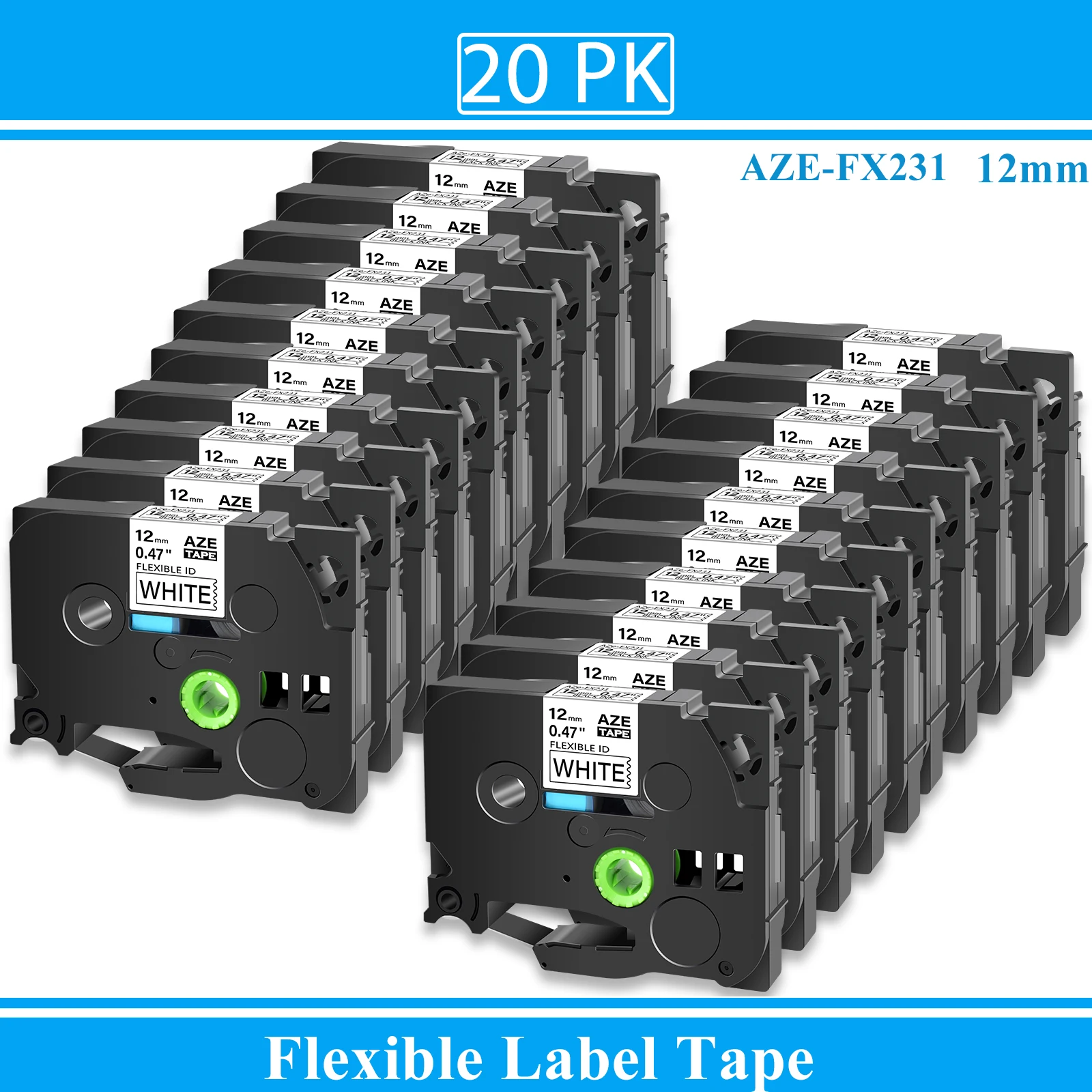 20PK Black on White Label Tape Compatible for Brother TZe-FX231 12mm Flexible Laminated Label for P-Touch Label Printers PT-1000