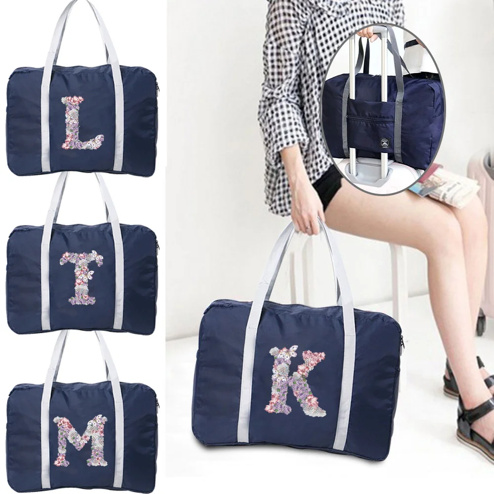 

Travel Handbag with Letter Flower Printing Foldable Waterproof Storage Bag Travel Boarding Luggage Clothes Handbag