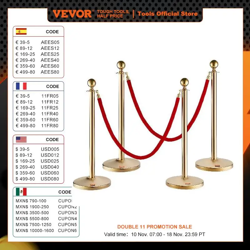 VEVOR Velvet Ropes and Posts Stainless Steel Gold Stanchion w/ Ball Top Crowd Control Barrier for Theaters Wedding Exhibition