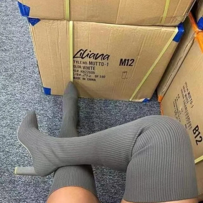 Women's Winter Knee-high Knitted Booties Elastic Woolen Socks Long Boots Pointed Toe High Heel Comfortable Fit over Knee Boot