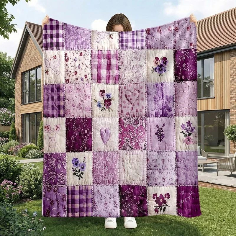 

1 шт. Фиолетовое винтажное фланелевое одеяло с принтом в стиле пэчворк, с цветочным узором, сердечками и голубями, премиум-класса, одностороннее. Подходит для