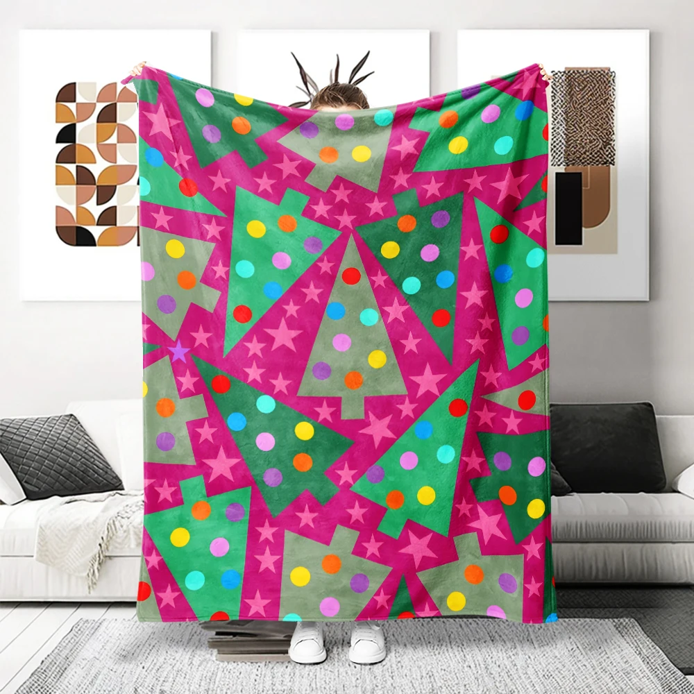 Pink Green Xmas Trees Flannel Blanket Perfect For Sofa Office Bed Travel Sleep Read Relax Camping Four Season Use