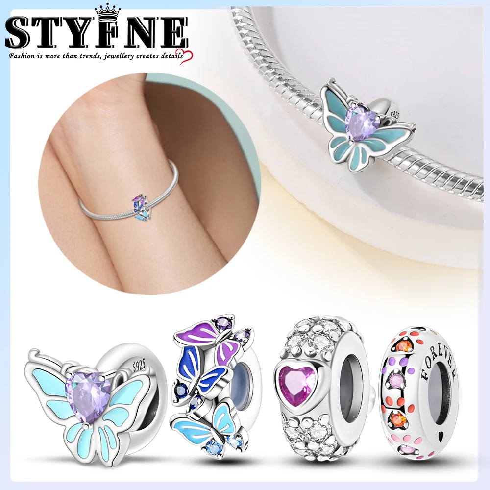 925 الفضة حسن الحظ سحر الأخضر الأزرق الأرجواني فراشة الخرز صالح الأصلي سوار DIY غرامة مجوهرات للنساء هدية #1