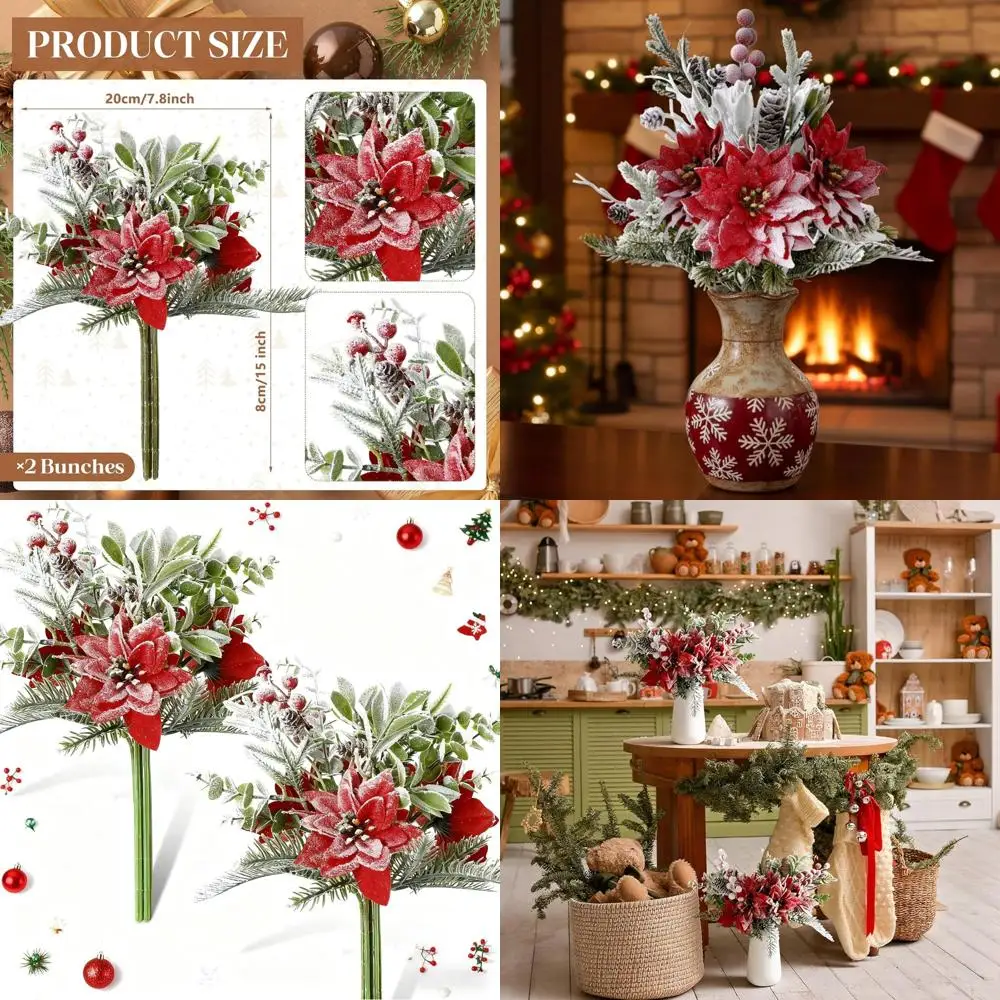 

2 Pcs 15" Artificial Poinsettia Christmas Flowers Arrangements Bouquet Large Red Frosted Poinsettias Floral with Carnation Pine