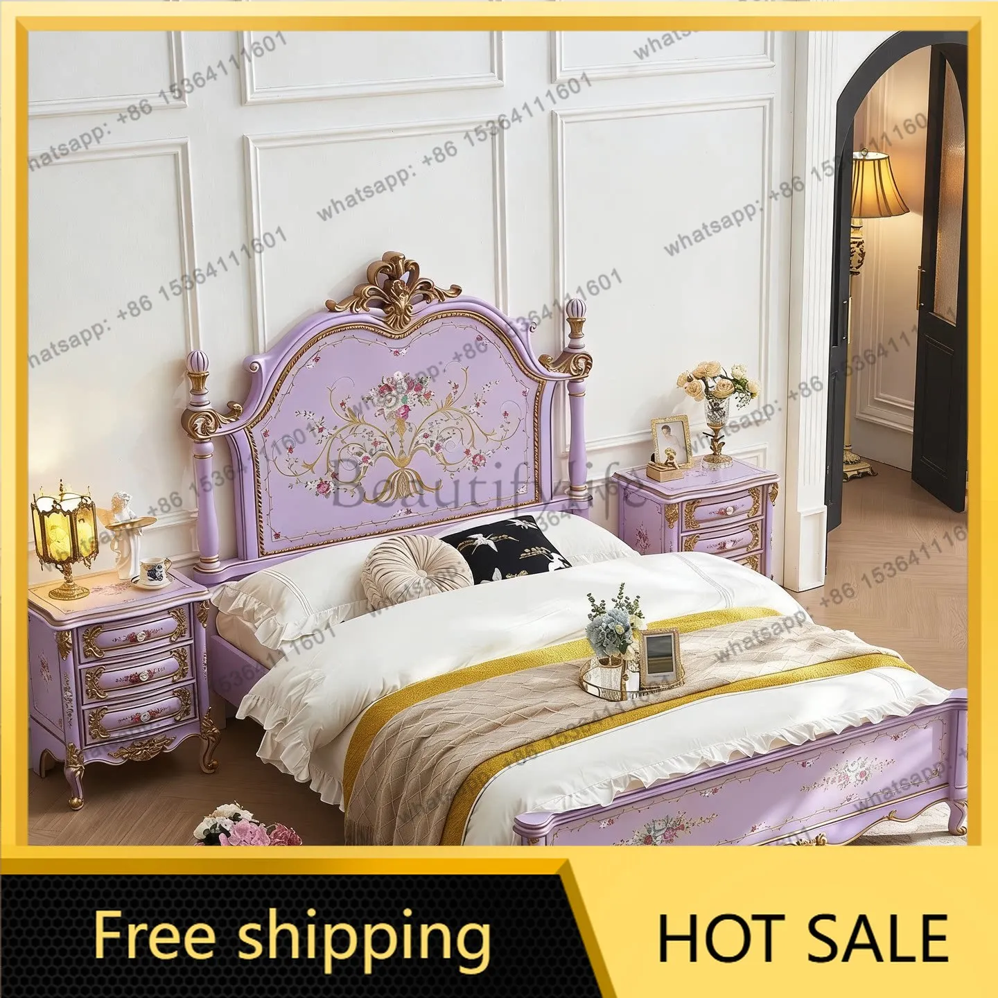 Solid wood hand-painted gold-painted retro taro purple French light luxury high-end double bed