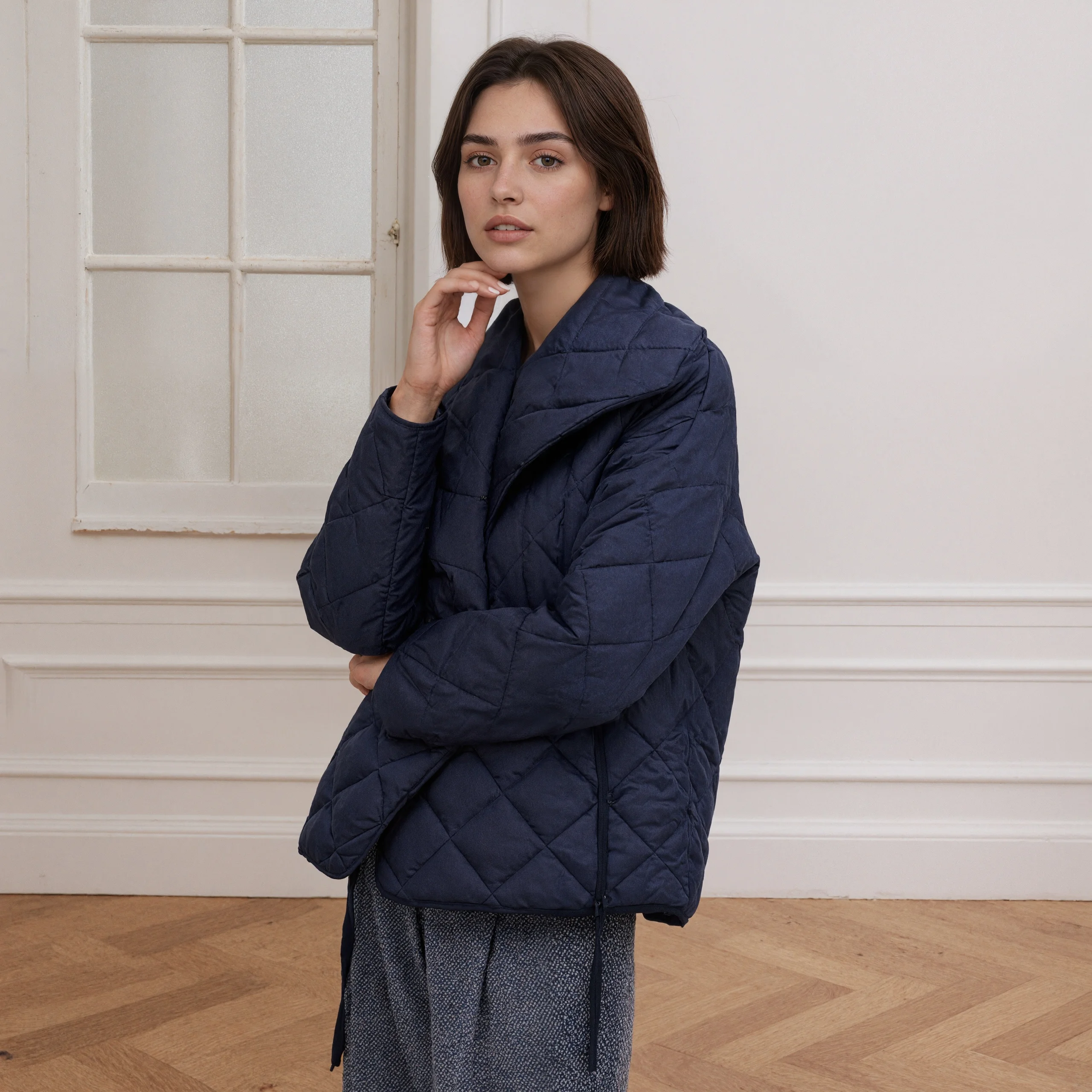 Women Navy Quilted Short Jacket Oversized Shawl Collar Coat Padded Wrap Outerwear Warm Autumn Winter Thanksgiving Christmas Gift