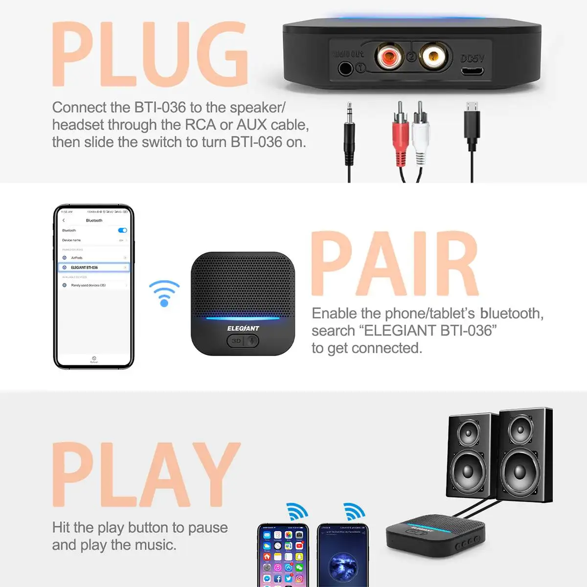 ELEGIANT BTI-036 bluetooth 5.0 HIFI Wireless Receiver Transmitter 3D Surround RCA Audio Adapter with Mic AUX USB Powered
