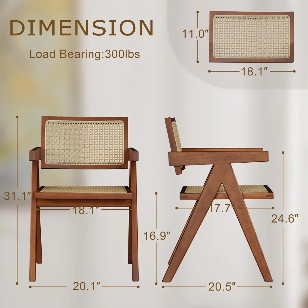 Rattan Walnut Mid Century Modern Dining Chairs Set of 4, Comfy Armchairs with Cane Back, Outdoor Kitchen Chairs for Multiple Roo