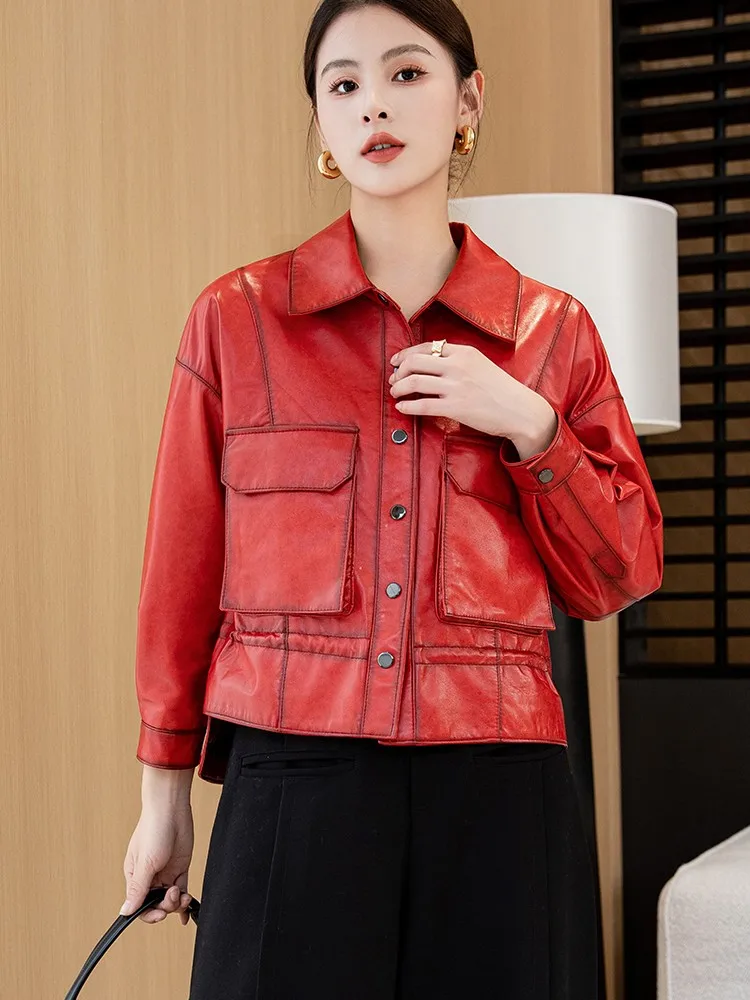 Giacca corta da donna in vera pelle di alta qualità monopetto vino rosso giacche di pelle di pecora colletto couverture cappotto casual vestibilità ampia