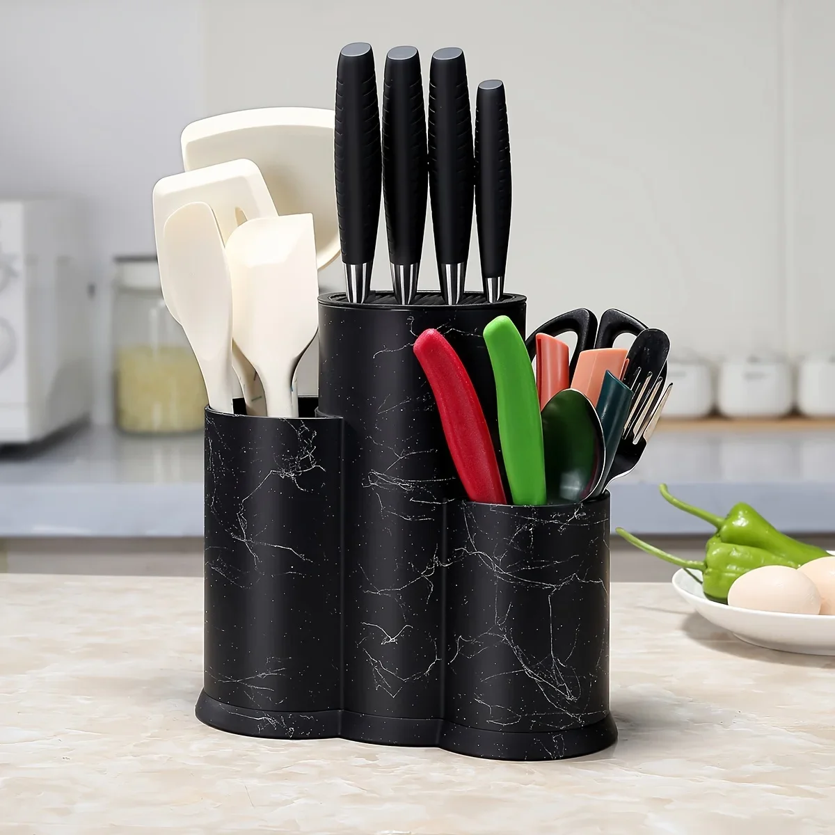 3-in-1 Kitchen Utensil Holder - Space-Saving Organizer for Knives, Chopsticks & More - Durable Plastic, Black