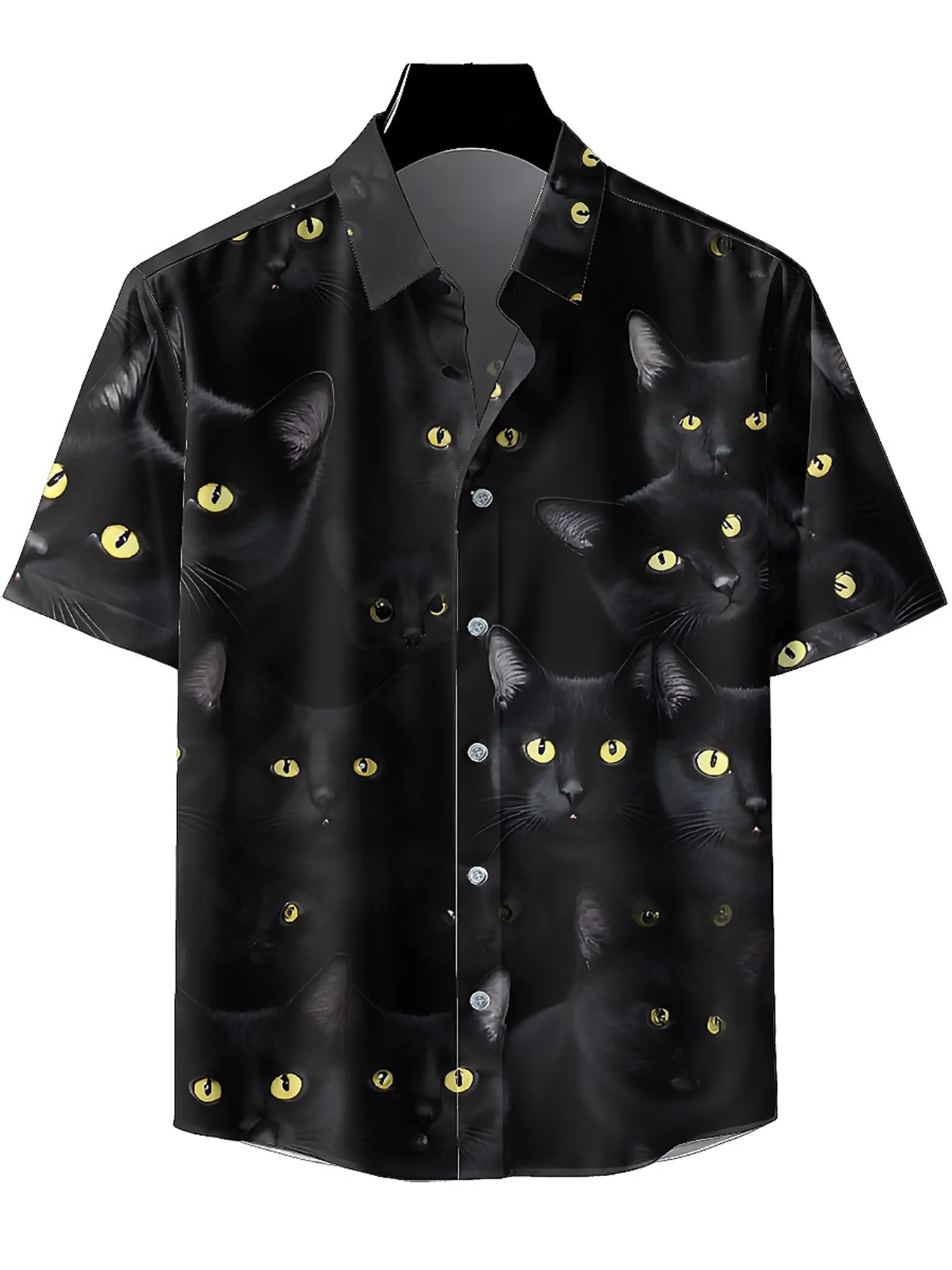 メンズ プラス サイズ アロハ シャツ 黒猫の目柄、夏カジュアル トップス、アウトドア、パーティー、ストリートウェア