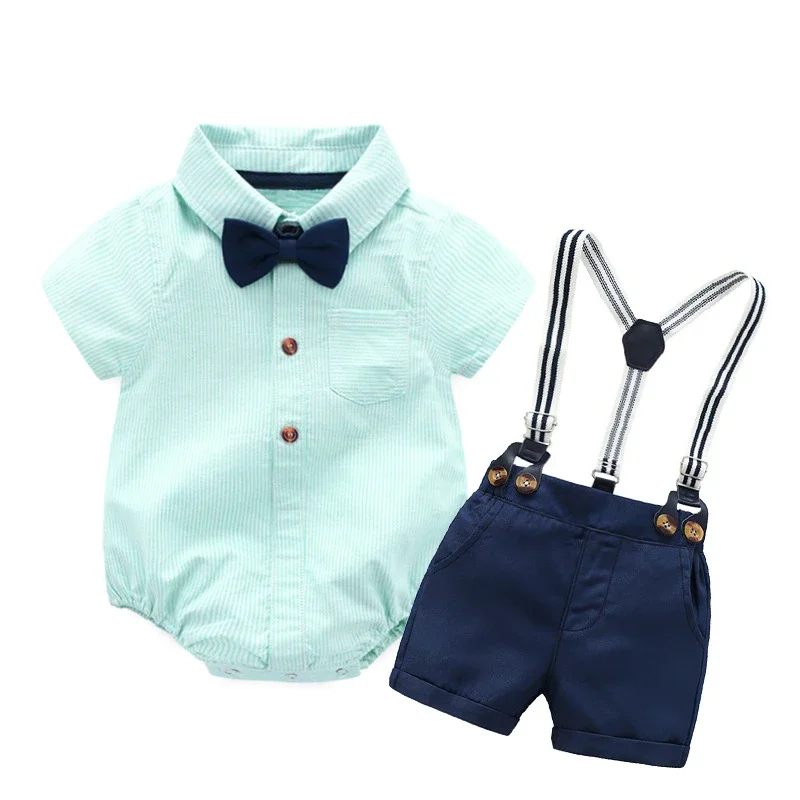 

Newborn Baby Boy Clothes Set: Cotton Romper, Bow, Navy Shorts, Suspenders - 0-3 Months