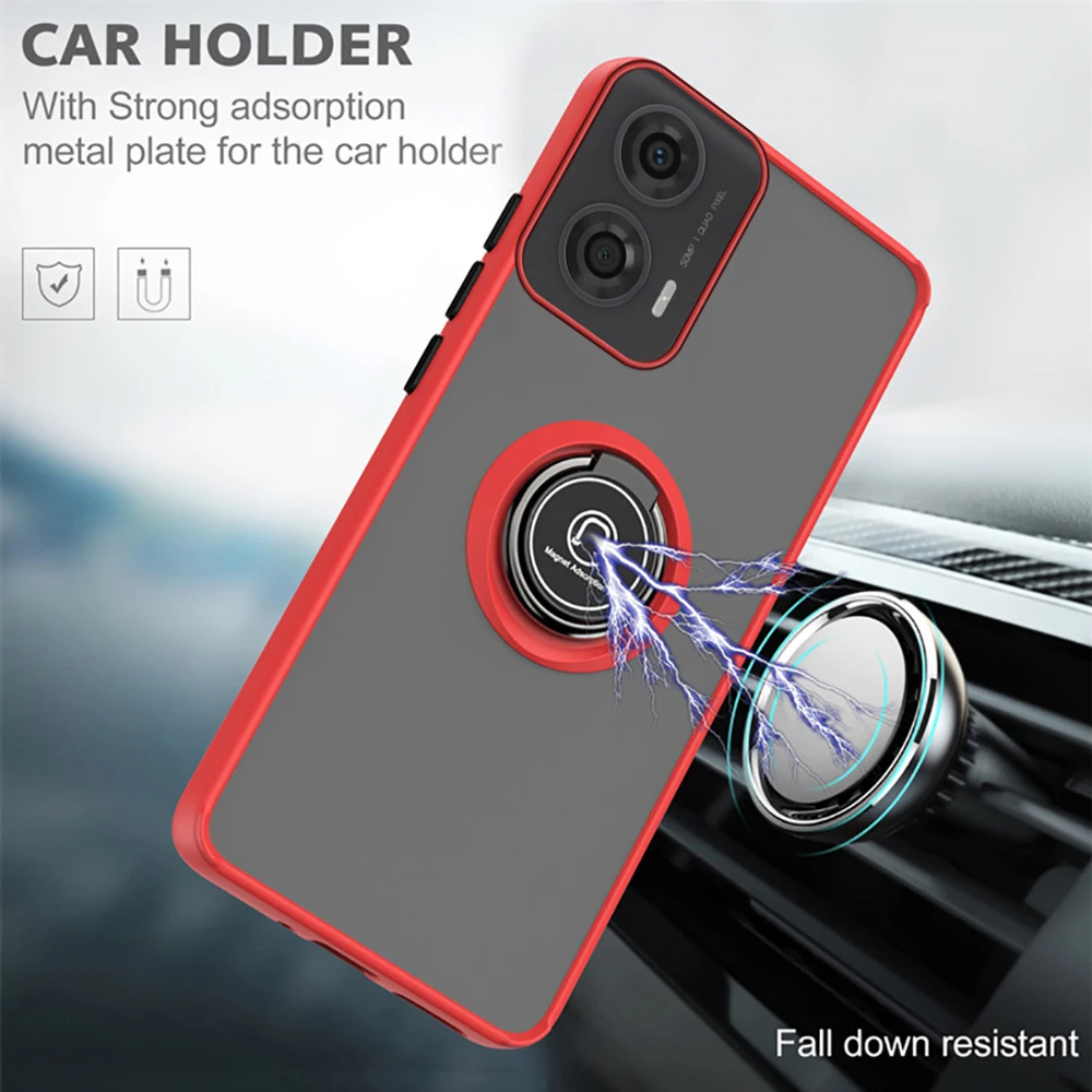 Magnetic Holder Ring Shockproof Matte Armor Case For Motorola Moto G24 MotoG24 G 24 Power 4G TPU Bumper Clear Hard PC Back Cover