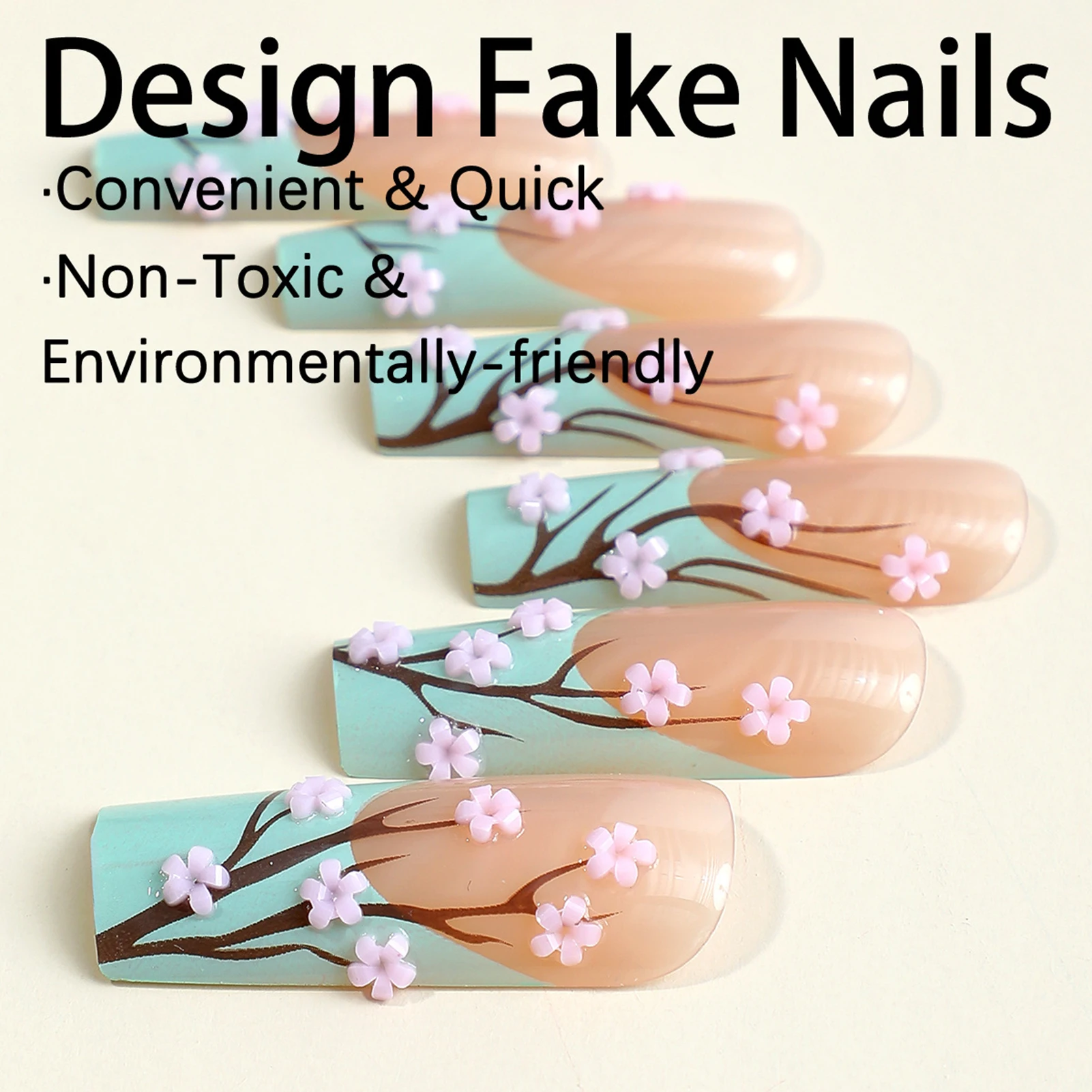 Green French Cherry Blossom Press On Nails, Long Coffin False Nails