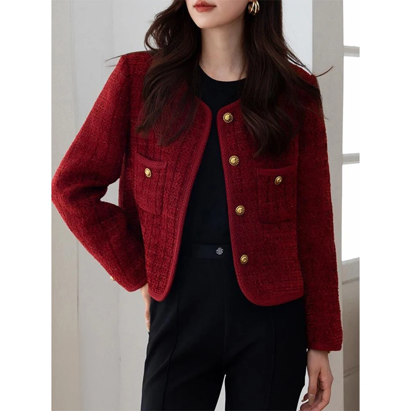 Vintage Tweed Jacket Women Cropped Suit Coat Fall Winter Korean Long Sleeve Outerwear Ladies Elegant Chic All Match Blazer New