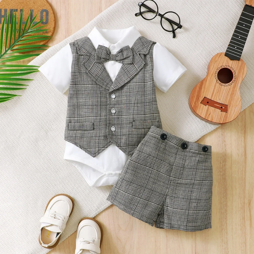 

2025 Baby Boys' Gentleman Clothes Set Bow Tie Plaid Romper+Plaid Shorts 2PCS Summer Outfits Infant Birthday Party for 0-3Years