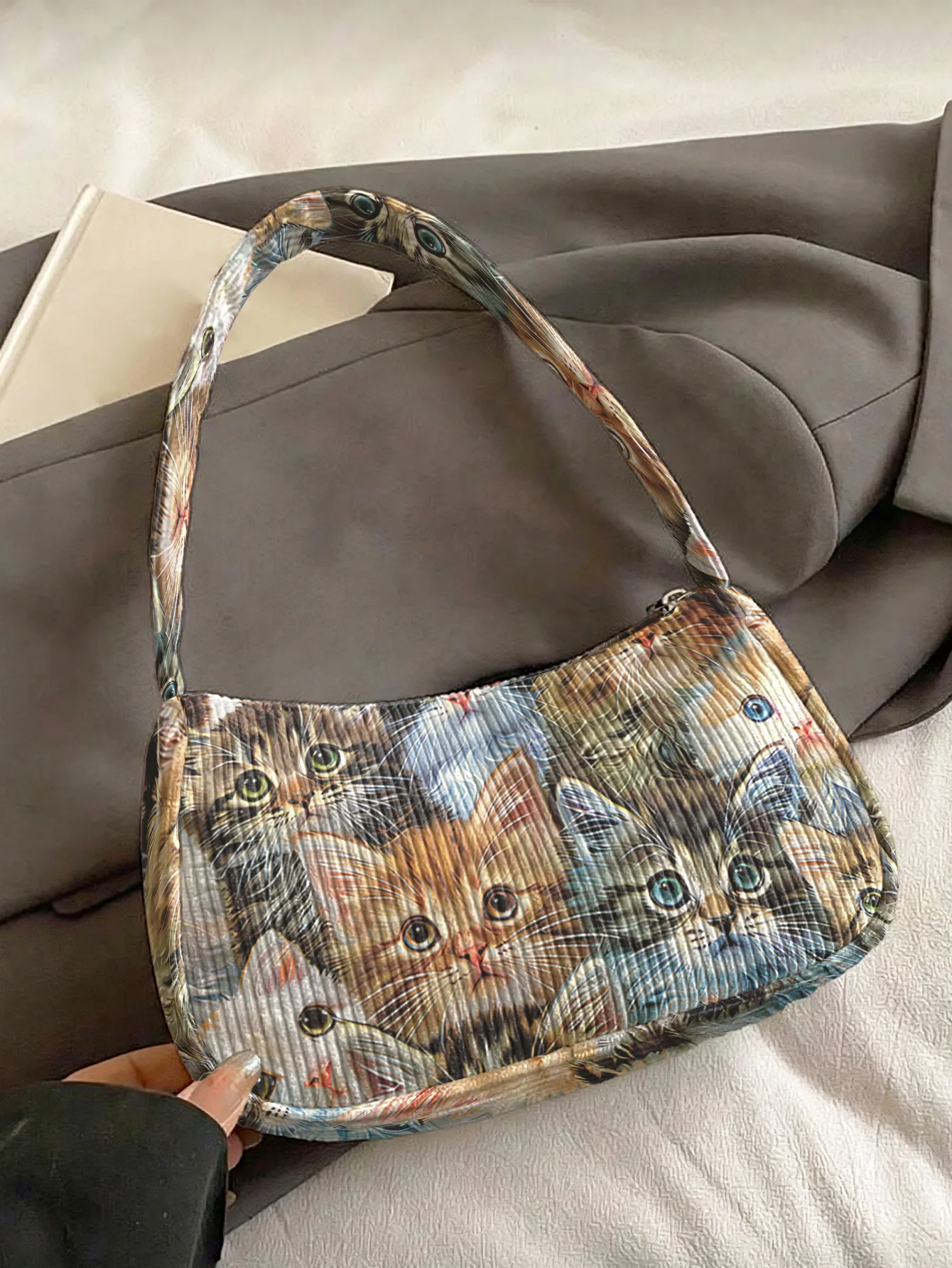 Trendy Kitten Print Shoulder Bag, Corduroy Underarm Bag for Daily Casual Use