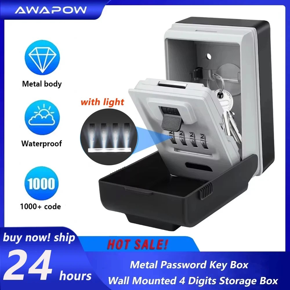 Awapow Metal Password Key Box With Led Light Wall Mounted Large Capacity 4 Digits Storage Keybox Waterproof Anti Theft Safe Box