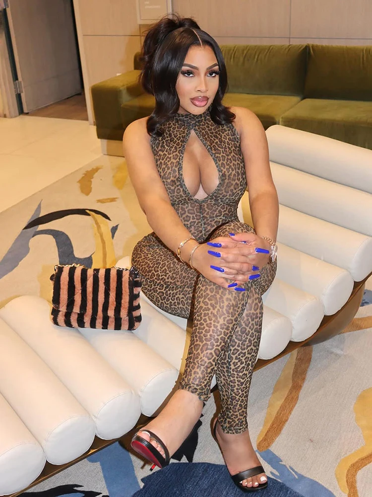 Nibber SKinny Hollow Jumpsuit Women See Through Sexy Leopard Print Sleeveless Hipster Street Midnight Party Workout Overalls