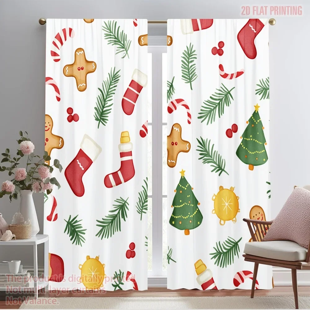 2pcs,2D plane printing Popular Curtain Panels Christmas Cookie Tree Stocking garland (2) Versatile 100% Polyester (without rod)