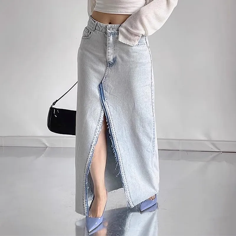 

Vintage Blue Jeans Skirts Women 2023 Streetwear Korean Style Y2k Skirt Ladies High Waisted Split Denim Clothes Female Sexy