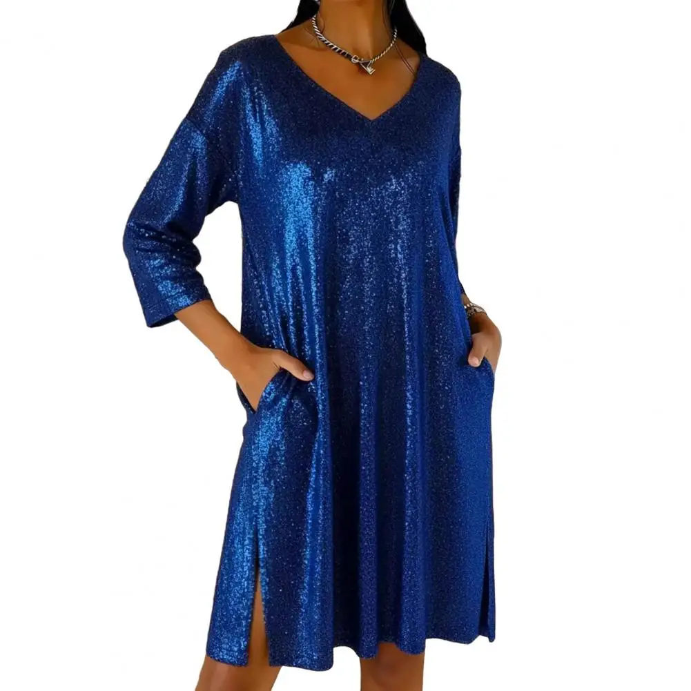 

Women's Sequin Mini Dress Glitter 3/4 Sleeve V-Neck Dress Sparkly Cocktail Party Club Split Dress with Pockets Sparkly Cocktail