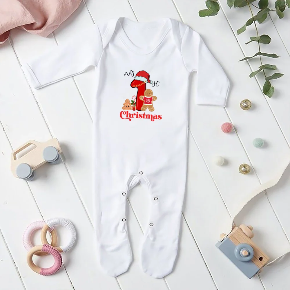 Baby Babygrow mój pierwszy świąteczny kombinezon z nadrukiem strój świąteczny maluch z długim rękawem Romper ubranka dla niemowląt body dla noworodka