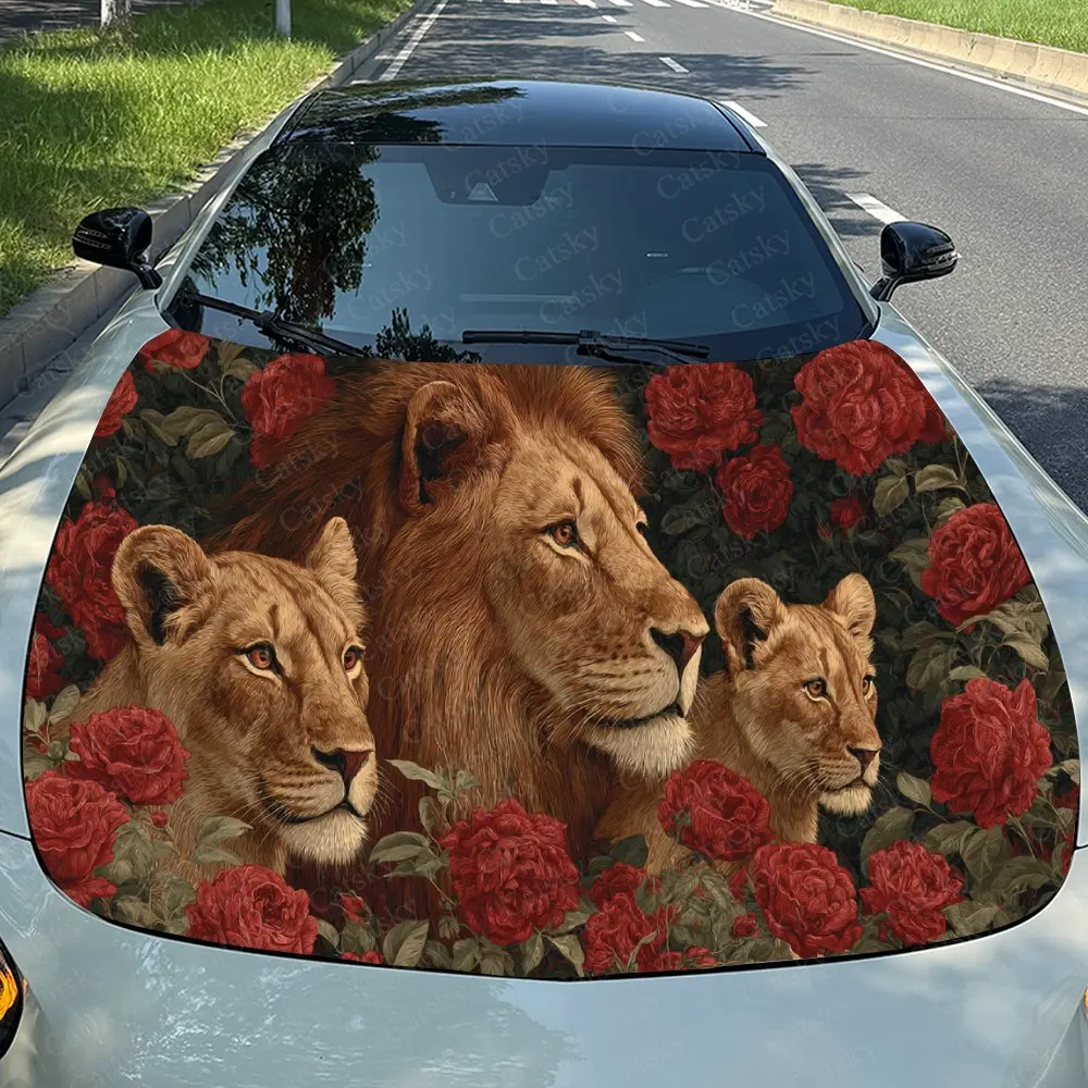 Car Decal Lion Family in Red Rose Field with Textured Art Element, Creating a Bold and Regal Visual Car Hood Sticker, Waterproof