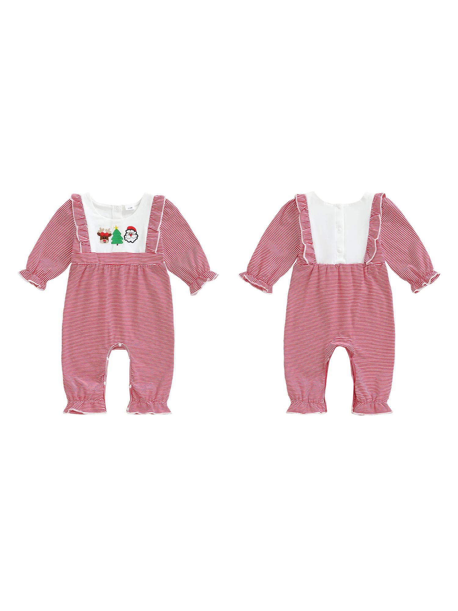 

Toddler Christmas with Festive Embroidery and Ruffled Trim Cozy Striped Jumpsuit for Baby Girls Long Sleeve Crew Neck