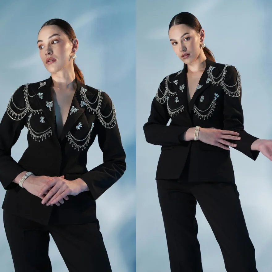 Delicate Women 2 Piece Suit Blazer Straight Pants Sparkling Rhinestone Chain Outfit For Dinner Ceremony Gathering Customized