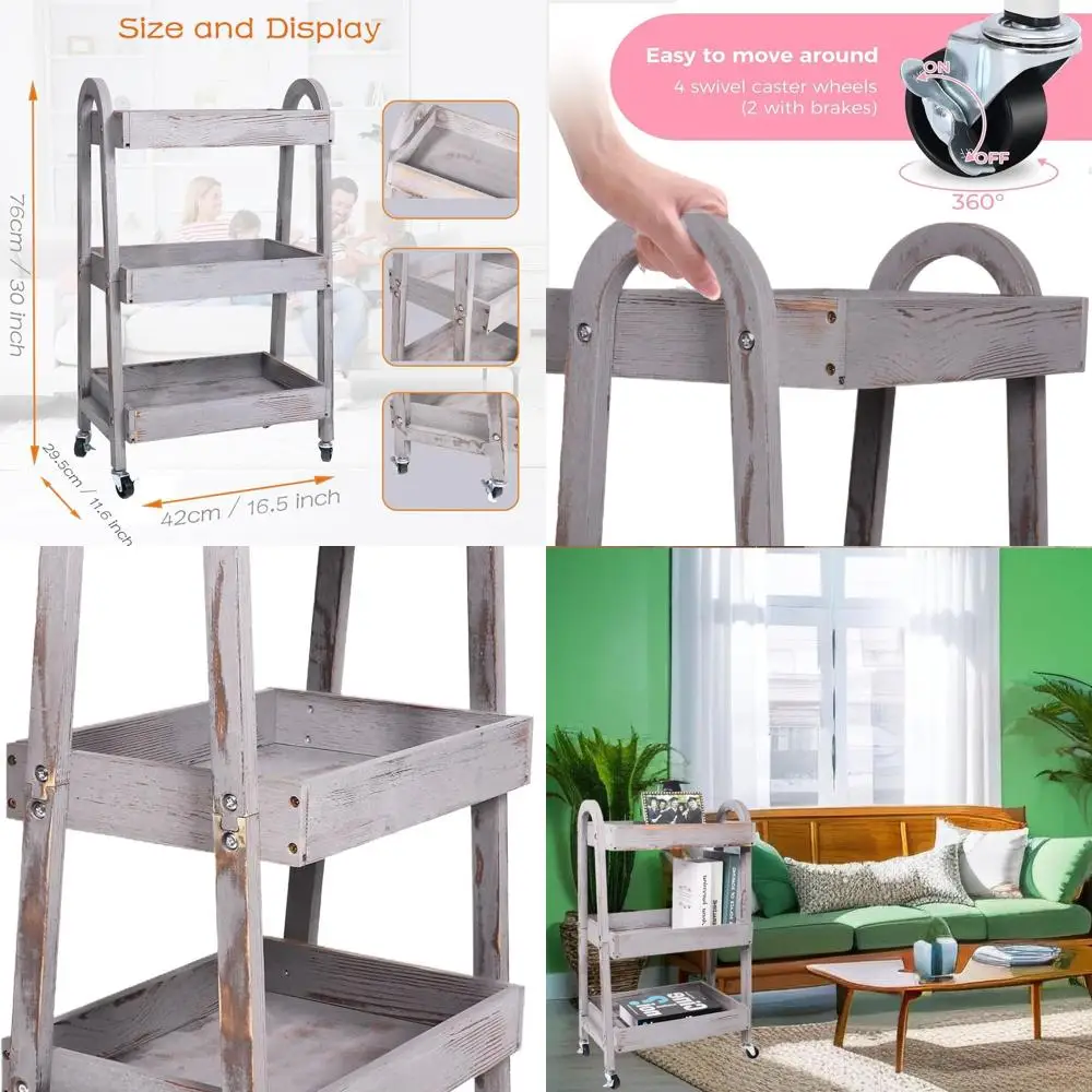 

3-Tier Rolling Wooden Cart - Utility Cart with Wheels for Kitchen, Office, and Kids' Room (Retro Grey)