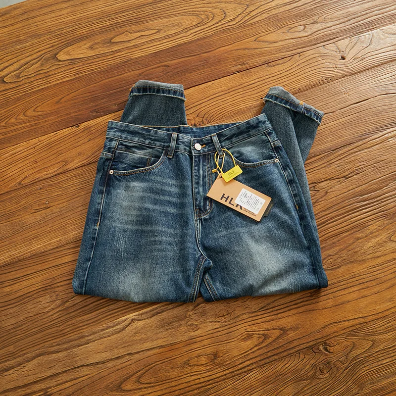 

Light blue washed versatile straight leg jeans for men, retro and simple Korean style fashionable casual denim pants