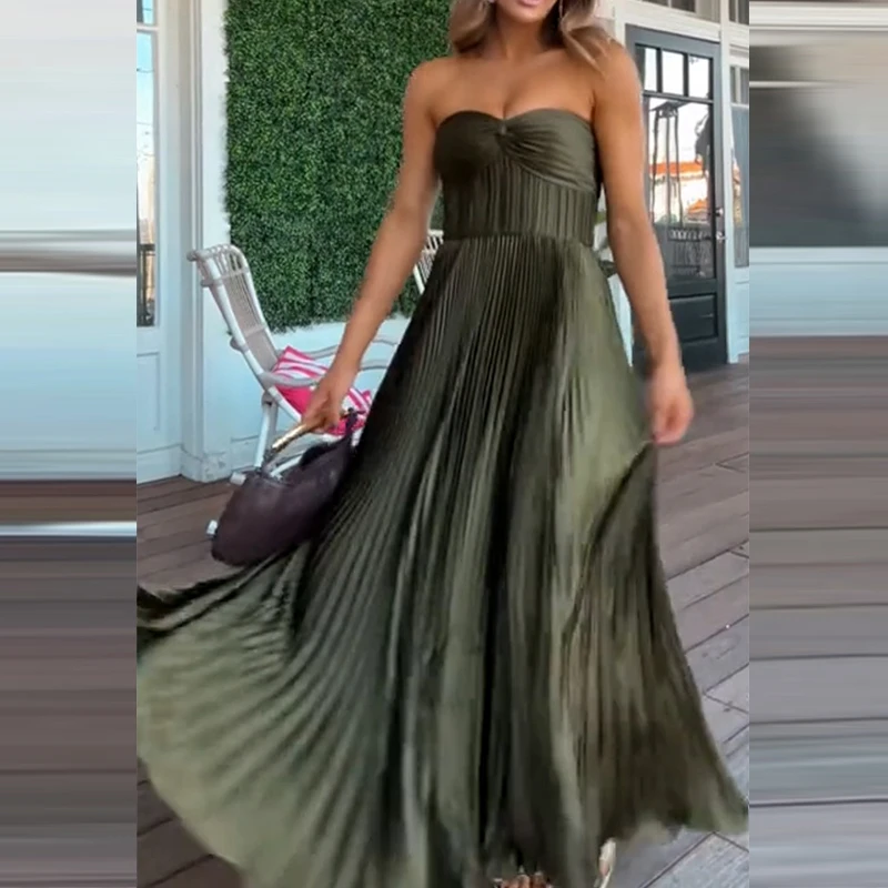 여성 섹시한 민소매 솔리드 컬러 파티 드레스 패션 Pleated 빅 스윙 이브닝 드레스 우아한 Strapless Backless Zip Long Dress