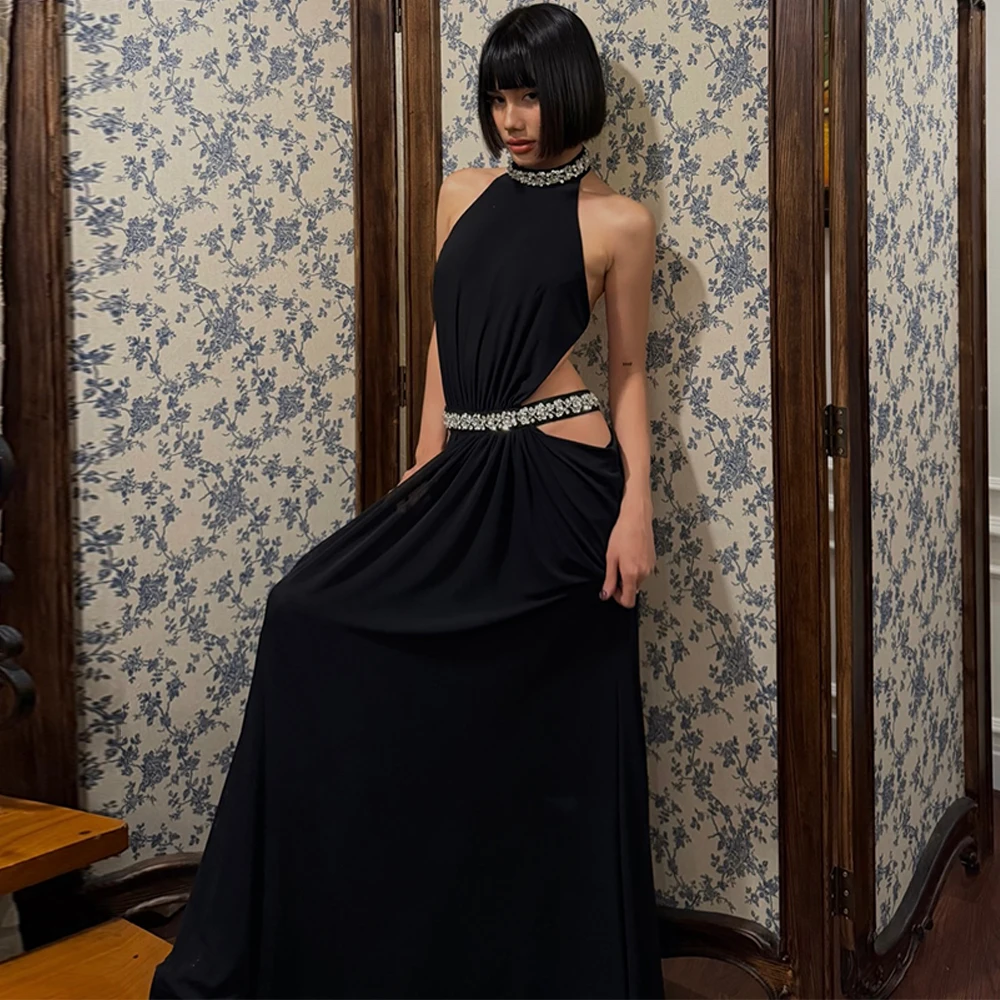 

Sexy Black Jersey Evening Dress Exquisite Crystal Halter Party Dresses Delicate Backless Customized Special Occasion Gowns