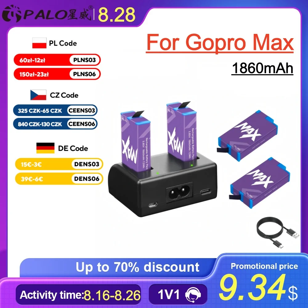 Für Gopro Max Akku-Doppelladegerät + 1860mAh Akku für GoPro Hero Max 360 Action 360 Panorama-Kamera Batterien Zubehör