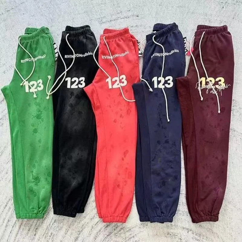 High Street Vintage Old Red Blue Black Green RRR123 Mens Womens Drawstring Sweatpants Oversized Broken Fall/Winter Long Pants